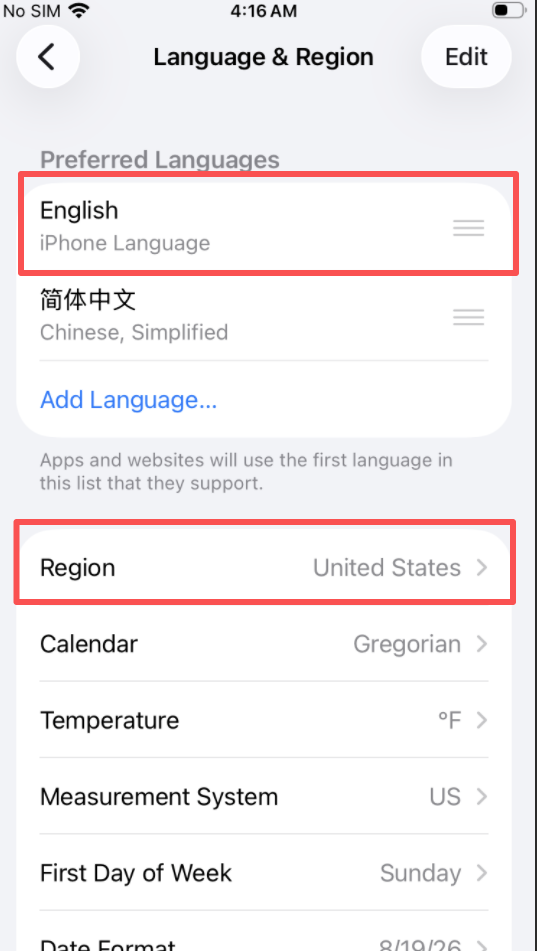 手机语言与地区设置界面,区域选择 United States,首选语言为 English